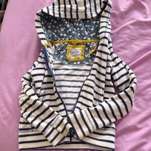 Boden Navy and Cream Striped Toweling Hoodie with Floral Interior